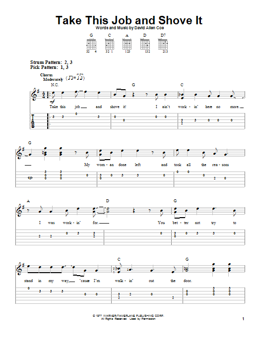 Learn to play David Allan Coe Take This Job And Shove It sheet music for Easy Piano in minutes. David Allan Coe Take This Job And Shove It sheet music preview music notes and score for Easy Piano including 3 page(s)