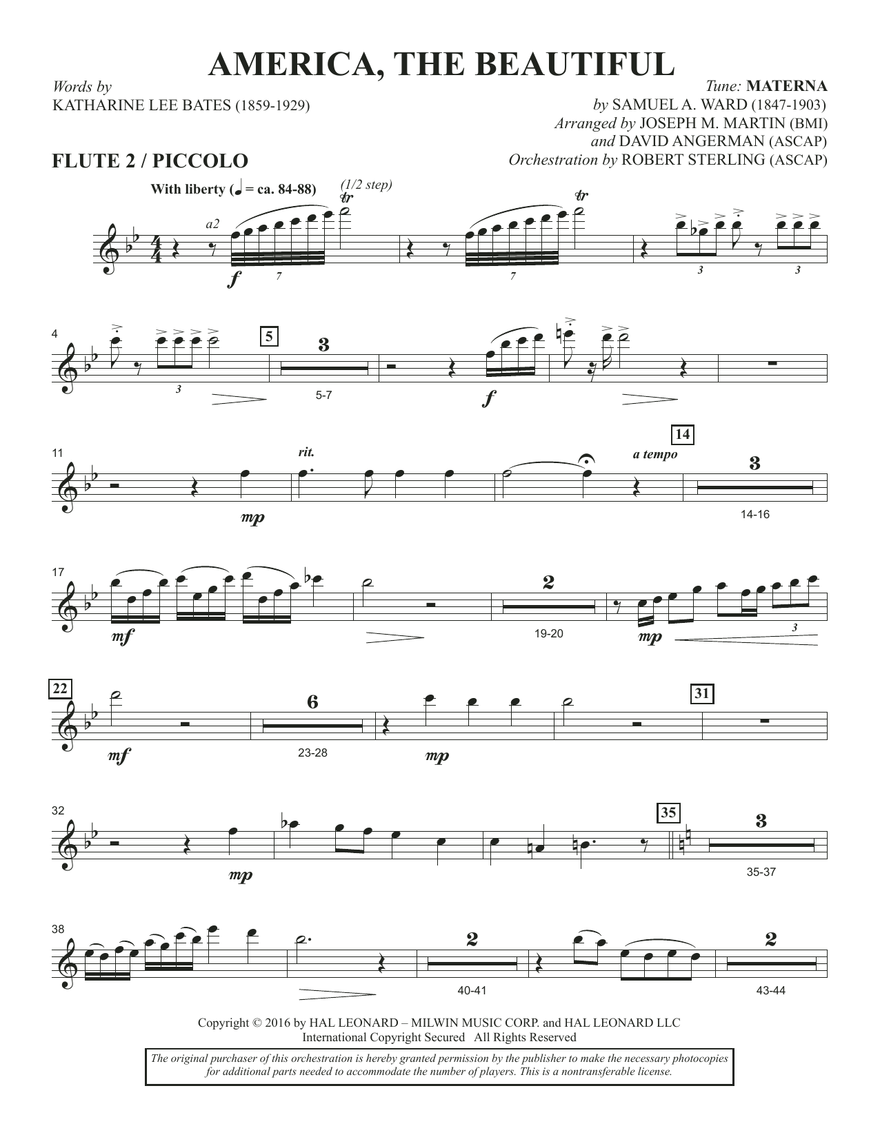 David Angerman America The Beautiful Flute 2 Piccolo Sheet Music Download Pdf Score 361090