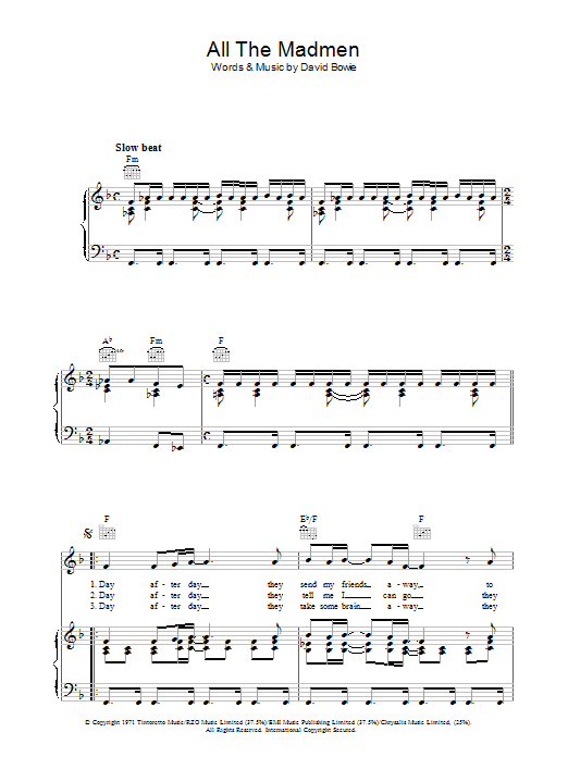 Learn to play David Bowie All The Madmen sheet music for Piano, Vocal & Guitar (Right-Hand Melody) in minutes. David Bowie All The Madmen sheet music preview music notes and score for Piano, Vocal & Guitar (Right-Hand Melody) including 7 page(s)