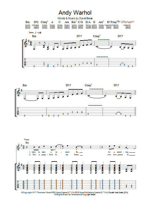 David Bowie Andy Warhol sheet music preview music notes and score for Guitar Tab including 8 page(s)
