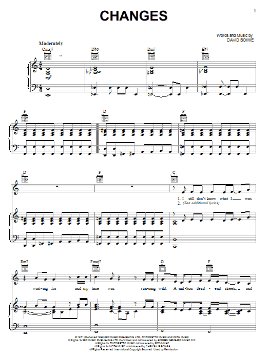Learn to play David Bowie Changes sheet music for Piano, Vocal & Guitar (Right-Hand Melody) in minutes. David Bowie Changes sheet music notes and chords