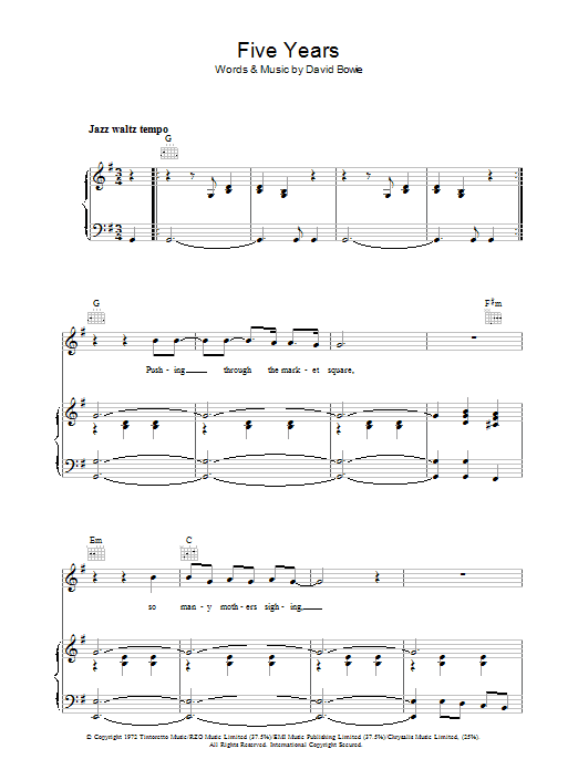 Learn to play David Bowie Five Years sheet music for Piano, Vocal & Guitar in minutes. David Bowie Five Years sheet music preview music notes and score for Piano, Vocal & Guitar including 12 page(s)