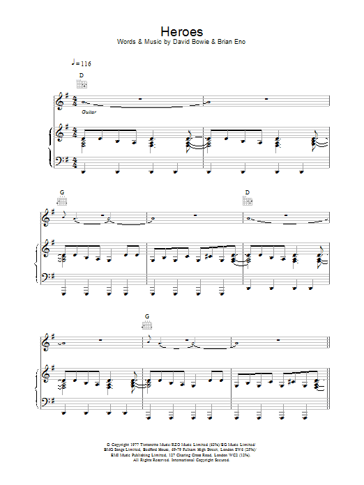 Learn to play David Bowie Heroes sheet music for Lyrics & Piano Chords in minutes. David Bowie Heroes sheet music preview music notes and score for Lyrics & Piano Chords including 4 page(s)