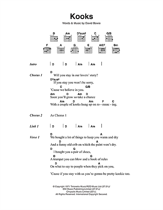 Learn to play David Bowie Kooks sheet music for Piano, Vocal & Guitar (Right-Hand Melody) in minutes. David Bowie Kooks sheet music notes and chords