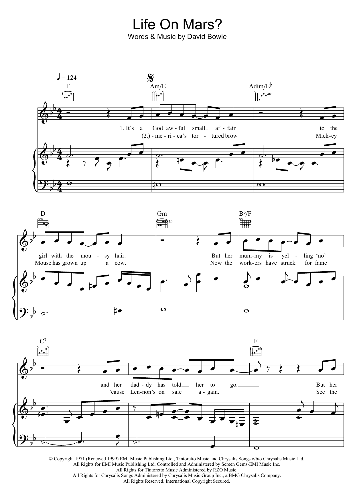 David Bowie Life On Mars? sheet music preview music notes and score for Easy Piano including 3 page(s)