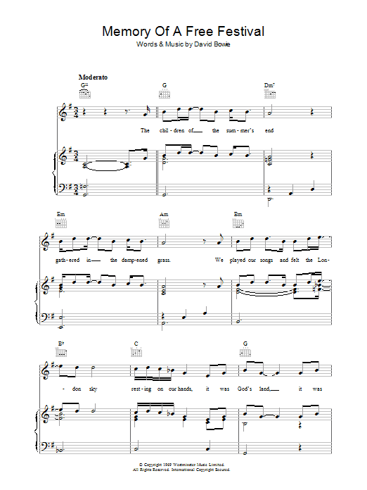 Learn to play David Bowie Memory Of A Free Festival sheet music for Piano, Vocal & Guitar (Right-Hand Melody) in minutes. David Bowie Memory Of A Free Festival sheet music preview music notes and score for Piano, Vocal & Guitar (Right-Hand Melody) including 7 page(s)