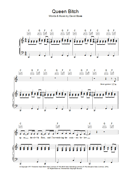 Learn to play David Bowie Queen Bitch sheet music for Piano, Vocal & Guitar in minutes. David Bowie Queen Bitch sheet music preview music notes and score for Piano, Vocal & Guitar including 10 page(s)