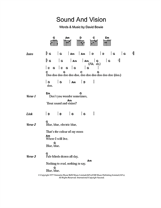 Learn to play David Bowie Sound And Vision sheet music for Lyrics & Chords in minutes. David Bowie Sound And Vision sheet music notes and chords