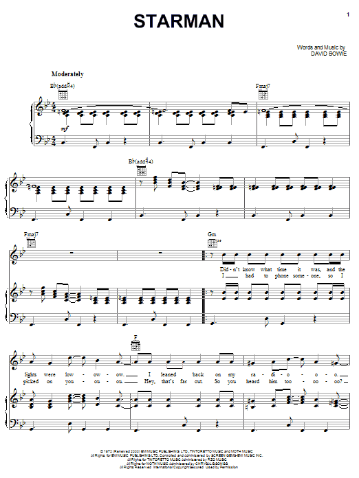 Learn to play David Bowie Starman sheet music for Piano, Vocal & Guitar (Right-Hand Melody) in minutes. David Bowie Starman sheet music notes and chords