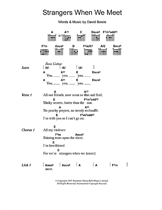 Learn to play David Bowie Strangers When We Meet sheet music for Lyrics & Chords in minutes. David Bowie Strangers When We Meet sheet music notes and chords