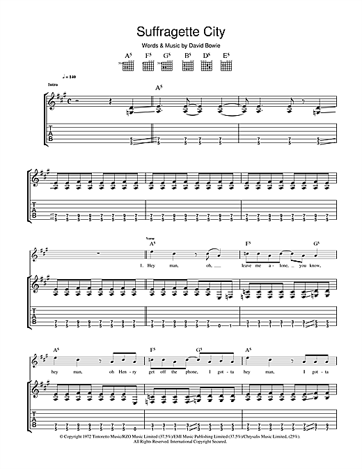 Learn to play David Bowie Suffragette City sheet music for Lead Sheet / Fake Book in minutes. David Bowie Suffragette City sheet music preview music notes and score for Lead Sheet / Fake Book including 1 page(s)