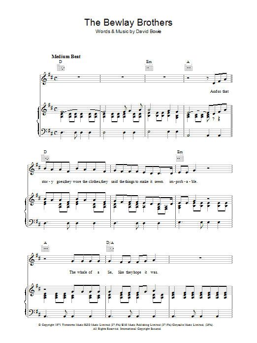 Learn to play David Bowie The Bewlay Brothers sheet music for Piano, Vocal & Guitar (Right-Hand Melody) in minutes. David Bowie The Bewlay Brothers sheet music preview music notes and score for Piano, Vocal & Guitar (Right-Hand Melody) including 14 page(s)