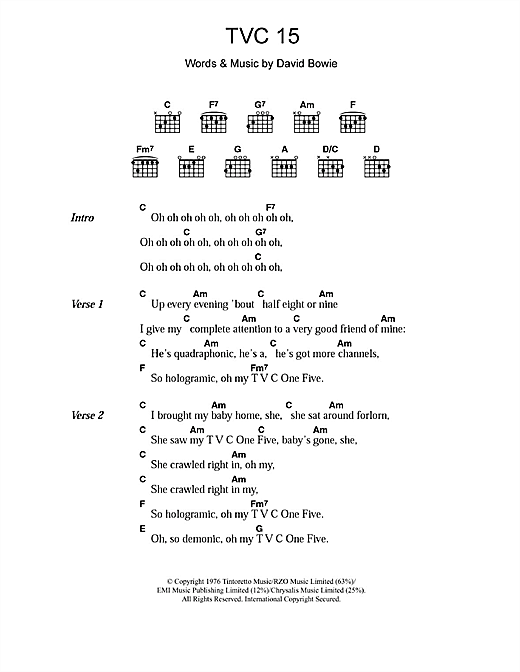 Learn to play David Bowie TVC 15 sheet music for Lyrics & Chords in minutes. David Bowie TVC 15 sheet music notes and chords