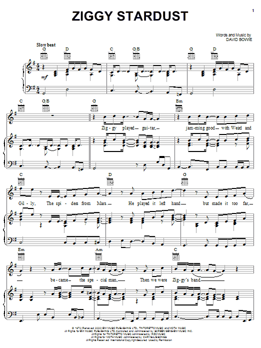 Learn to play David Bowie Ziggy Stardust sheet music for Piano, Vocal & Guitar (Right-Hand Melody) in minutes. David Bowie Ziggy Stardust sheet music notes and chords
