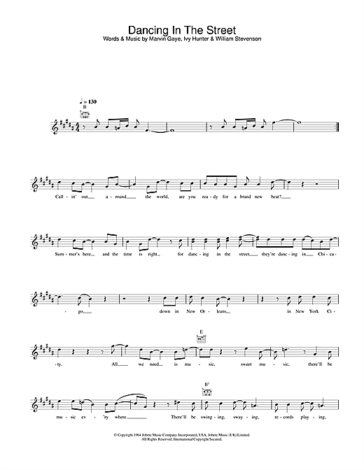 Learn to play David Bowie & Mick Jagger Dancing In The Street sheet music for Melody Line, Lyrics & Chords in minutes. David Bowie & Mick Jagger Dancing In The Street sheet music preview music notes and score for Melody Line, Lyrics & Chords including 3 page(s)