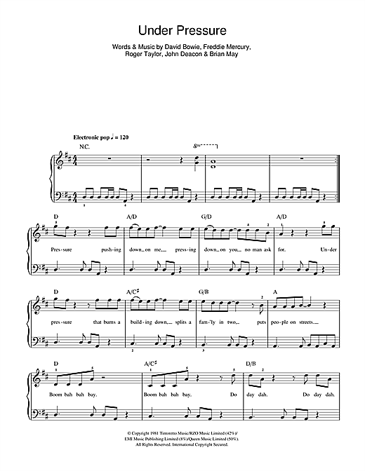 Learn to play David Bowie & Queen Under Pressure sheet music for Beginner Piano in minutes. David Bowie & Queen Under Pressure sheet music preview music notes and score for Beginner Piano including 2 page(s)