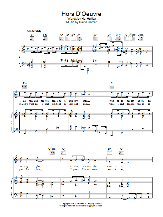 Learn to play David Comer Hors D'Oeuvre sheet music for Piano, Vocal & Guitar (Right-Hand Melody) in minutes. David Comer Hors D'Oeuvre sheet music preview music notes and score for Piano, Vocal & Guitar (Right-Hand Melody) including 7 page(s)