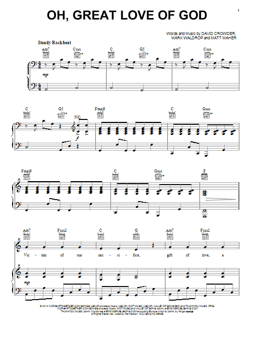 Learn to play David Crowder Band Oh, Great Love Of God sheet music for Piano, Vocal & Guitar (Right-Hand Melody) in minutes. David Crowder Band Oh, Great Love Of God sheet music notes and chords