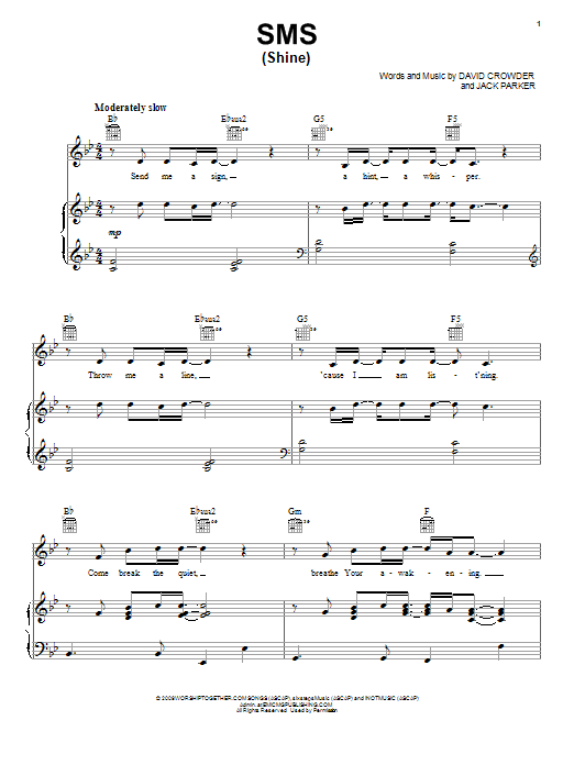 Learn to play David Crowder Band SMS (Shine) sheet music for Piano, Vocal & Guitar (Right-Hand Melody) in minutes. David Crowder Band SMS (Shine) sheet music notes and chords