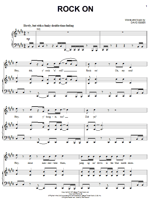 Learn to play David Essex Rock On sheet music for Piano, Vocal & Guitar (Right-Hand Melody) in minutes. David Essex Rock On sheet music preview music notes and score for Piano, Vocal & Guitar (Right-Hand Melody) including 3 page(s)