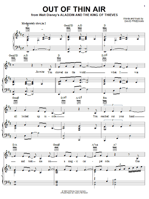 Learn to play David Friedman Out Of Thin Air (from Aladdin) sheet music for Piano (Big Notes) in minutes. David Friedman Out Of Thin Air (from Aladdin) sheet music notes and chords