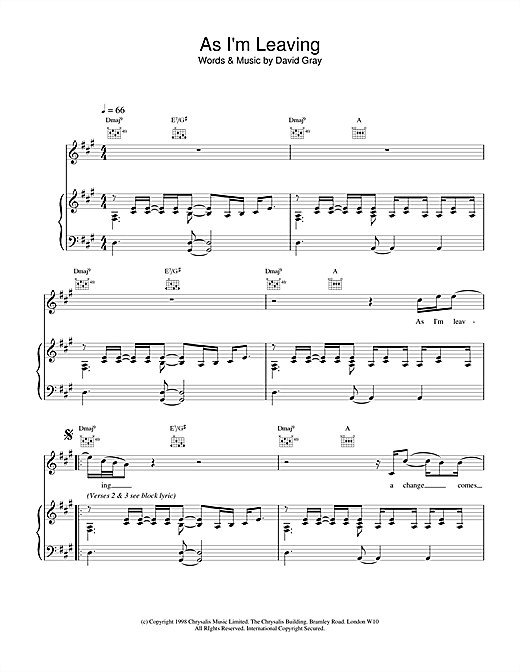 Learn to play David Gray As I'm Leaving sheet music for Piano, Vocal & Guitar in minutes. David Gray As I'm Leaving sheet music notes and chords