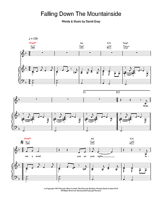 Learn to play David Gray Falling Down The Mountainside sheet music for Piano, Vocal & Guitar (Right-Hand Melody) in minutes. David Gray Falling Down The Mountainside sheet music notes and chords