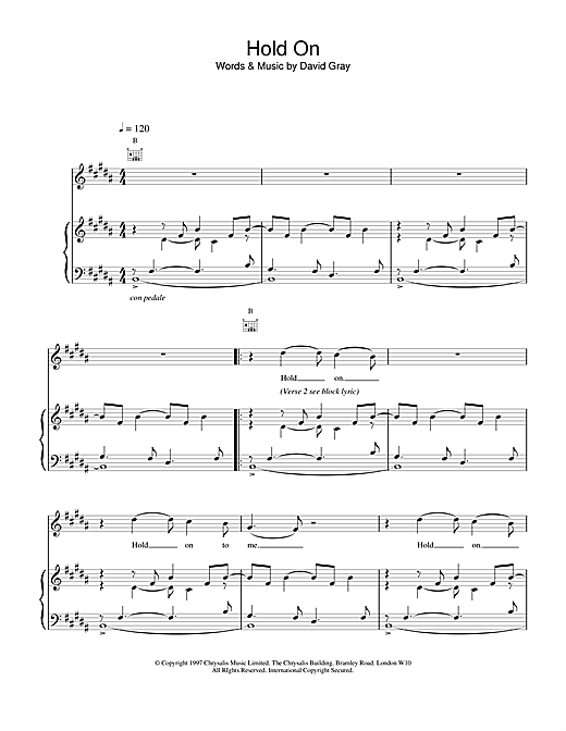 Learn to play David Gray Hold On sheet music for Piano, Vocal & Guitar in minutes. David Gray Hold On sheet music notes and chords