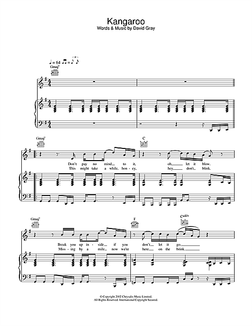 Learn to play David Gray Kangaroo sheet music for Lyrics Only in minutes. David Gray Kangaroo sheet music notes and chords
