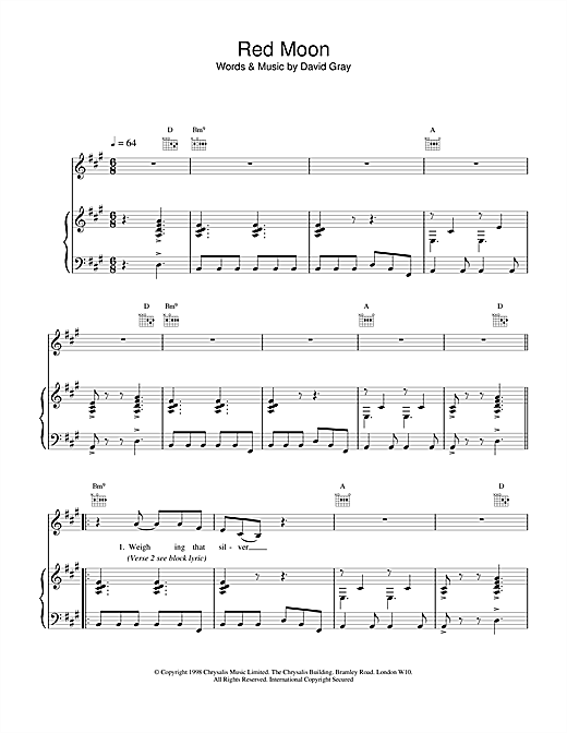 Learn to play David Gray Red Moon sheet music for Piano, Vocal & Guitar in minutes. David Gray Red Moon sheet music notes and chords