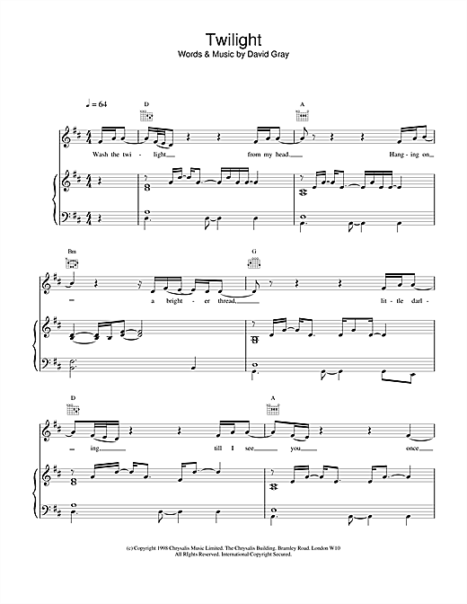 Learn to play David Gray Twilight sheet music for Piano, Vocal & Guitar in minutes. David Gray Twilight sheet music notes and chords