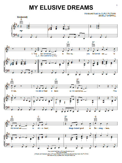 Learn to play David Houston & Tammy Wynette My Elusive Dreams sheet music for Lyrics & Piano Chords in minutes. David Houston & Tammy Wynette My Elusive Dreams sheet music preview music notes and score for Lyrics & Piano Chords including 2 page(s)