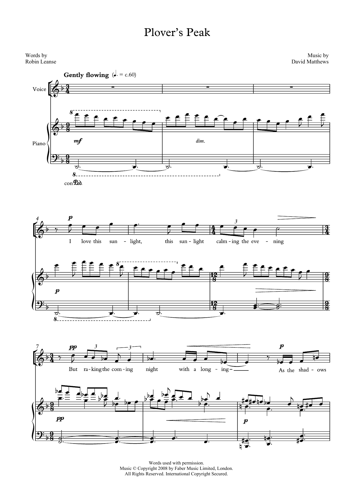David Matthews Plover's Peak (for tenor & piano) sheet music preview music notes and score for Piano & Vocal including 5 page(s)