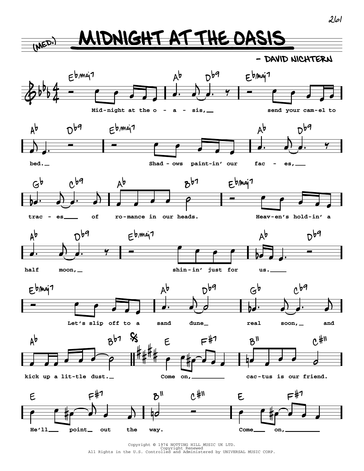 Learn to play David Nichtern Midnight At The Oasis (High Voice) sheet music for Real Book – Melody, Lyrics & Chords in minutes. David Nichtern Midnight At The Oasis (High Voice) sheet music preview music notes and score for Real Book – Melody, Lyrics & Chords including 3 page(s)