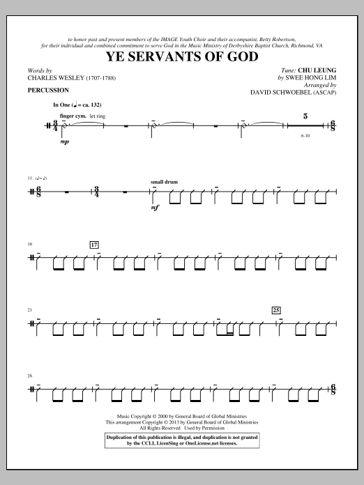 Learn to play David Schwoebel Ye Servants of God - Percussion sheet music for Choir Instrumental Pak in minutes. David Schwoebel Ye Servants of God - Percussion sheet music notes and chords
