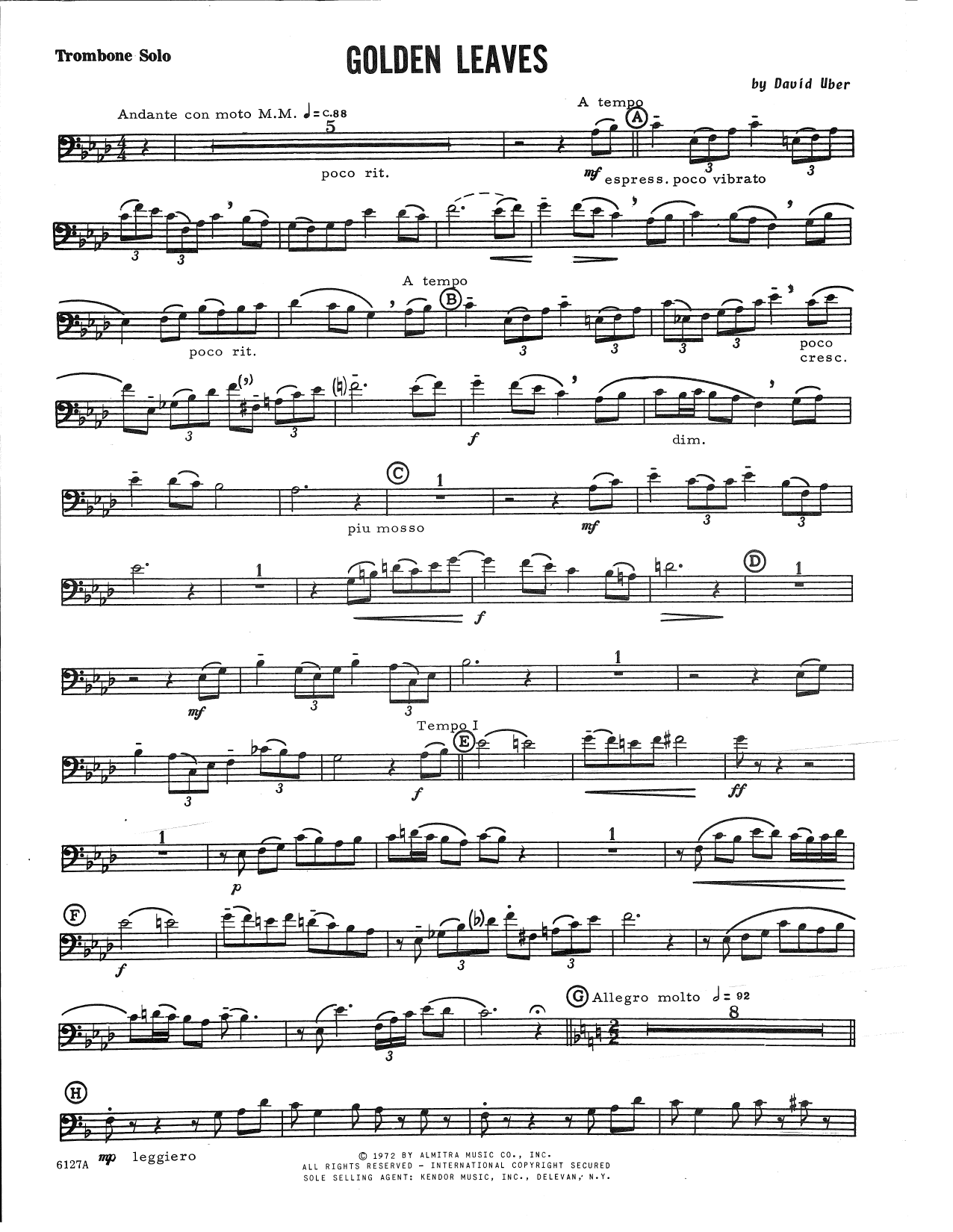 David Uber Golden Leaves - Trombone sheet music preview music notes and score for Brass Solo including 2 page(s)