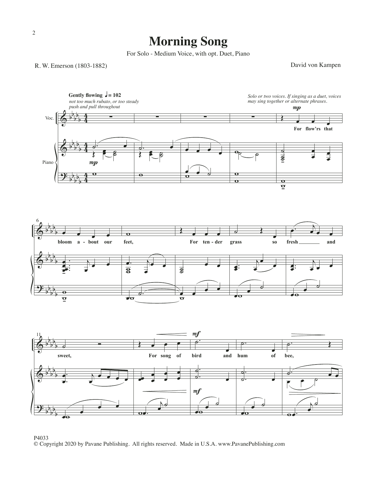 Learn to play David Von Kampen Morning Song sheet music for Piano & Vocal in minutes. David Von Kampen Morning Song sheet music preview music notes and score for Piano & Vocal including 4 page(s)