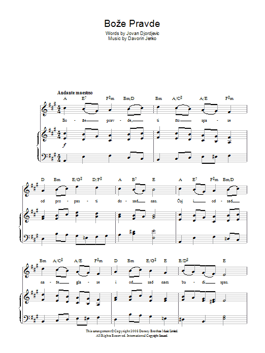 Learn to play Davorin Jenko Boze Pravde (Serbian National Anthem) sheet music for Piano, Vocal & Guitar (Right-Hand Melody) in minutes. Davorin Jenko Boze Pravde (Serbian National Anthem) sheet music preview music notes and score for Piano, Vocal & Guitar (Right-Hand Melody) including 2 page(s)