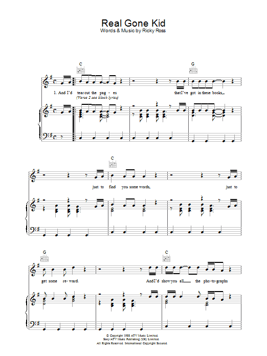 Deacon Blue Real Gone Kid sheet music preview music notes and score for Piano, Vocal & Guitar (Right-Hand Melody) including 5 page(s)