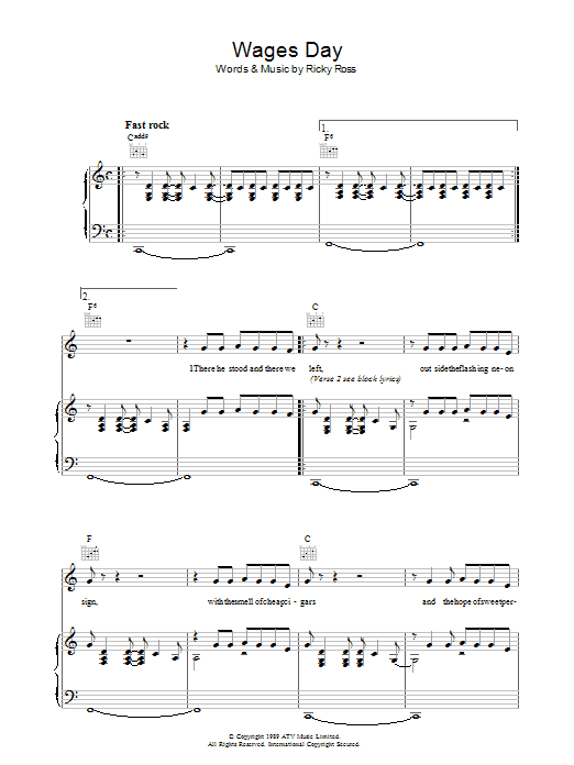 Deacon Blue Wages Day sheet music preview music notes and score for Piano, Vocal & Guitar (Right-Hand Melody) including 5 page(s)