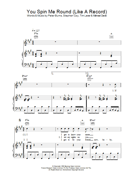 Dead Or Alive You Spin Me Round (Like A Record) sheet music, chords, lyrics - Printable PDF for Easy Piano