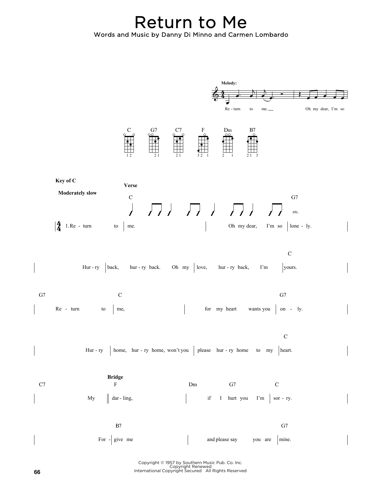 Dean Martin Return To Me (arr. Fred Sokolow) sheet music, chords, lyrics - Printable PDF for Mandolin