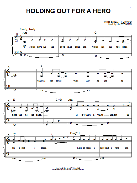 Dean Pitchford Holding Out For A Hero sheet music, chords, lyrics - Printable PDF for Easy Piano