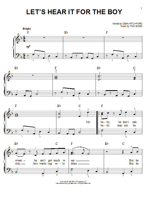 Dean Pitchford Let's Hear It For The Boy sheet music, chords, lyrics - Printable PDF for Easy Piano