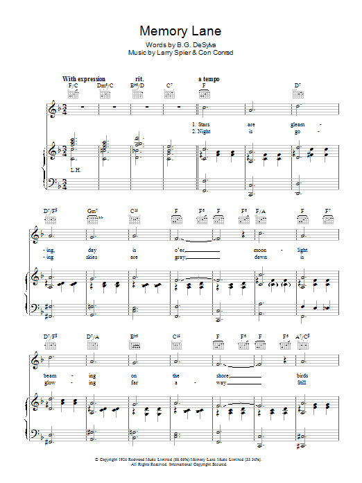 Learn to play Dean Martin Memory Lane sheet music for Piano, Vocal & Guitar (Right-Hand Melody) in minutes. Dean Martin Memory Lane sheet music preview music notes and score for Piano, Vocal & Guitar (Right-Hand Melody) including 5 page(s)