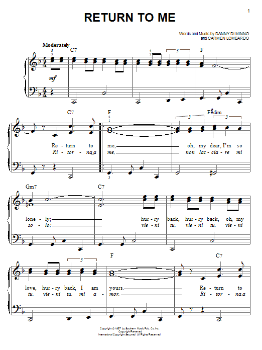 Learn to play Dean Martin Return To Me sheet music for Piano in minutes. Dean Martin Return To Me sheet music preview music notes and score for Piano including 2 page(s)