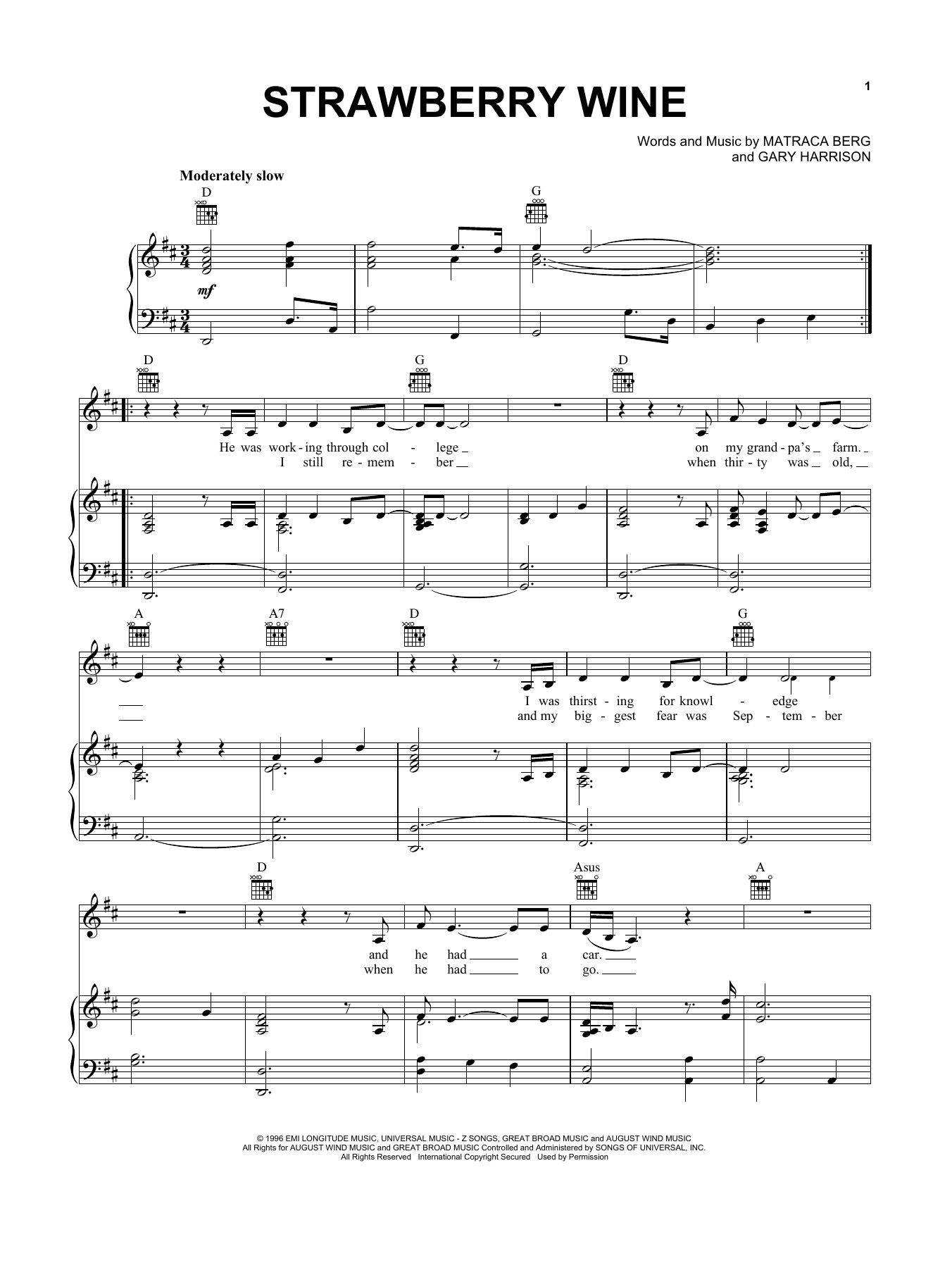 Download Deana Carter Strawberry Wine sheet music notes and chords for Piano, Vocal & Guitar (Right-Hand Melody) - Download Printable PDF and start playing in minutes.