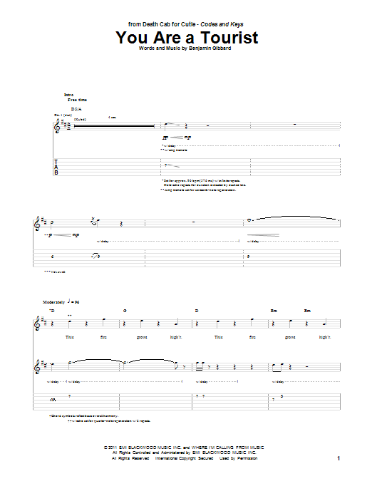 Learn to play Death Cab For Cutie You Are A Tourist sheet music for Guitar Tab in minutes. Death Cab For Cutie You Are A Tourist sheet music preview music notes and score for Guitar Tab including 11 page(s)
