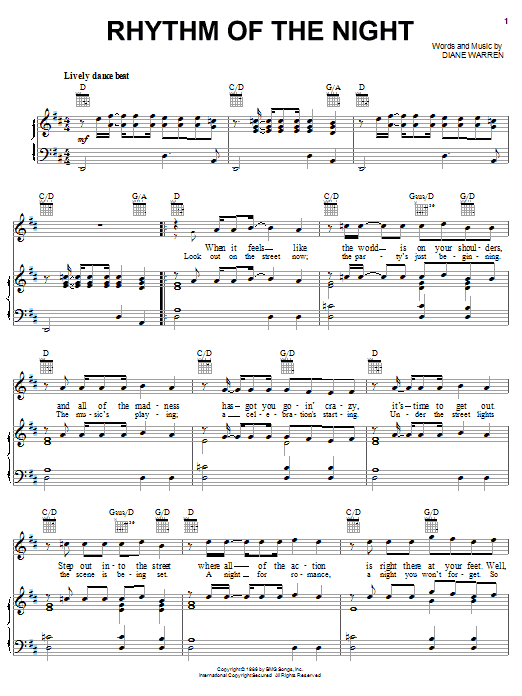 Learn to play DeBarge Rhythm Of The Night sheet music for Piano, Vocal & Guitar (Right-Hand Melody) in minutes. DeBarge Rhythm Of The Night sheet music notes and chords