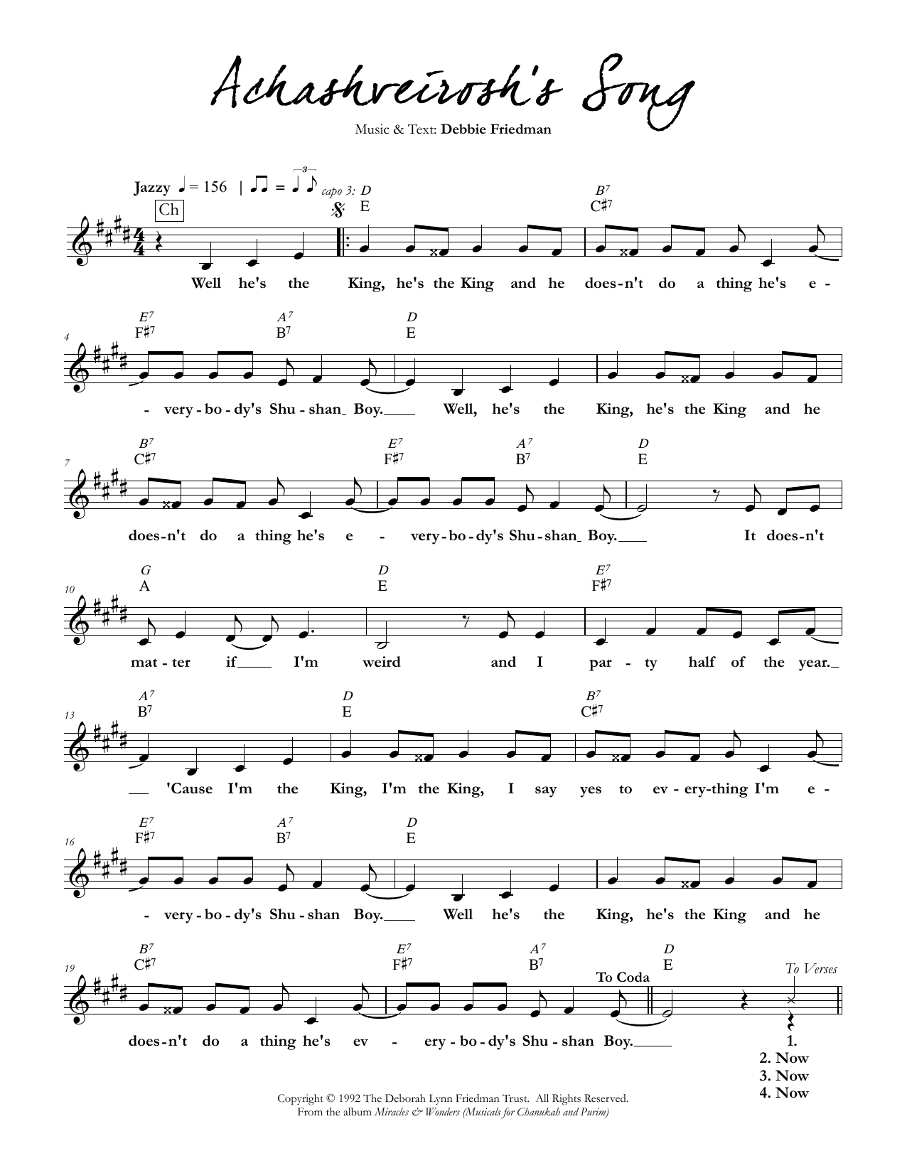 Learn to play Debbie Friedman Achashveirosh's Song sheet music for Lead Sheet / Fake Book in minutes. Debbie Friedman Achashveirosh's Song sheet music preview music notes and score for Lead Sheet / Fake Book including 2 page(s)